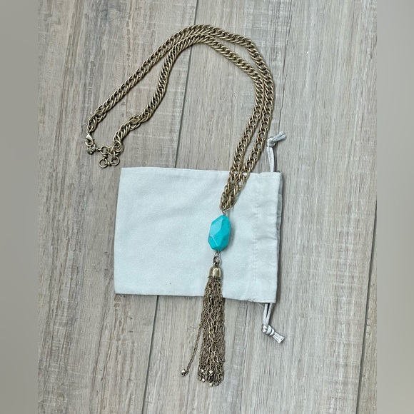 Lucky Brand Turquoise Pendant Necklace Tassel Gold Long Necklace Boho Western - Picture 2 of 5